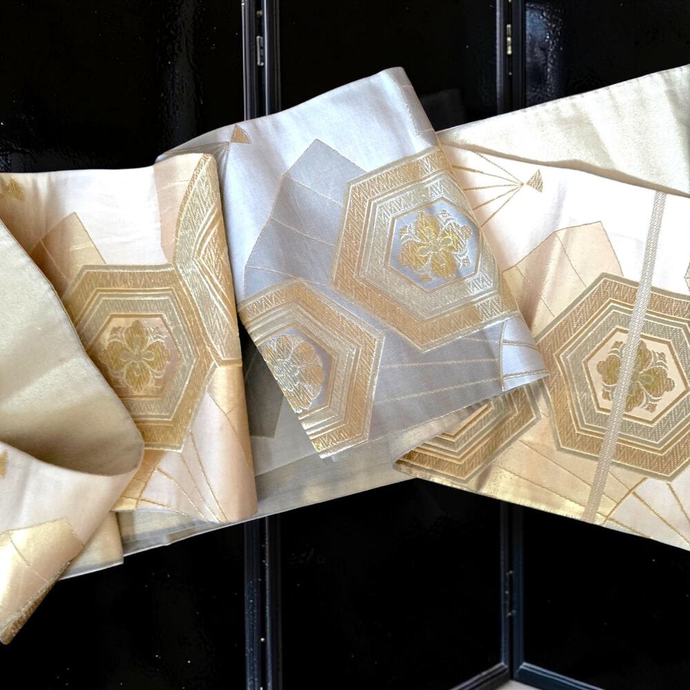 Vintage Japanese Fukuro Obi Silk Gold Silver Brocade Kikko Hexagon 158" Japan